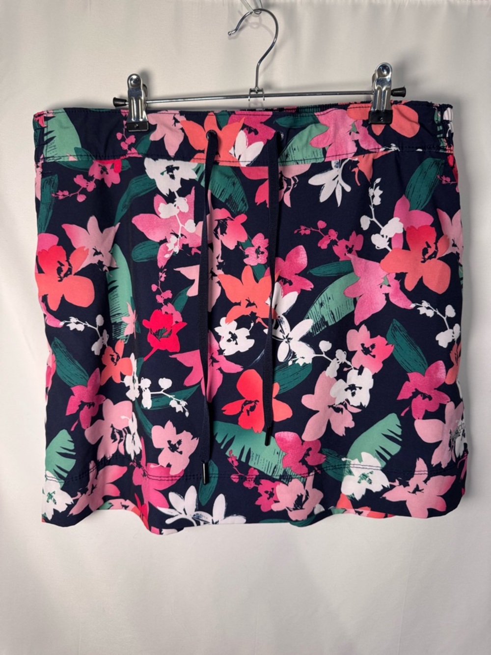Navy Floral Drawstring Skork with Pink & Green Blooms